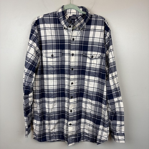 Lands End Shirt Mens Large Tall Blue White Plaid Button Front Flannel Casual - Picture 2 of 9